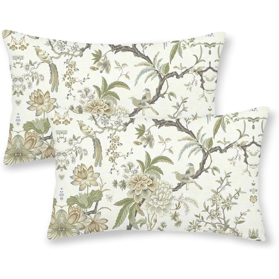 Chinoiserie Pillow Covers 12x20 Set of 2, Outdoor Olive Green Birds Flowers Throw Pillow Covers Linen Farmhouse Green Chinoiserie Decor Cushion Case Chinoiserie Home Decor for Couch Sofa