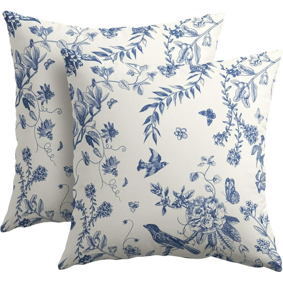 Chinoiserie Pillow Covers 16x16 Inch Set of 2 Blue Floral Bird Decorative Throw Pillows Vintage Blue and Cream Printed Pillowcases Cushion Covers for Indoor Outdoor Home Couch Decor