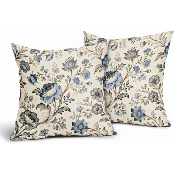 Chinoiserie Pillow Covers 16x16 Inch Set of 2 Blue Grey Vintage Farmhouse Floral Pattern Print Decorative Throw Pillowcases Antique Seasonal Flower Outdoor Cushion Cases Decor for Sofa Couch Bed