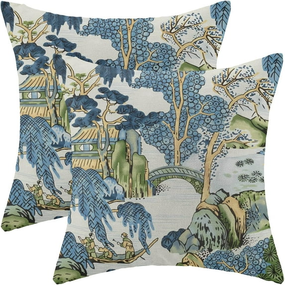 Chinoiserie Pillow Covers 16x16 Set of 2, Asian Vintage Blue and Green Scenic Decorations Throw Pillow Covers Farmhouse Outdoor Decorative Linen Cushion Case for Couch Sofa Home
