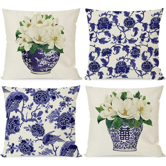 Chinoiserie Pillow Covers 18x18 Inch Blue and White Grand Millenial Outdoor Floral Vase Porcelain Decorations Decorative Throw Pillows Cases Cushion Covers Set of 4 for Home Room Couch Decor