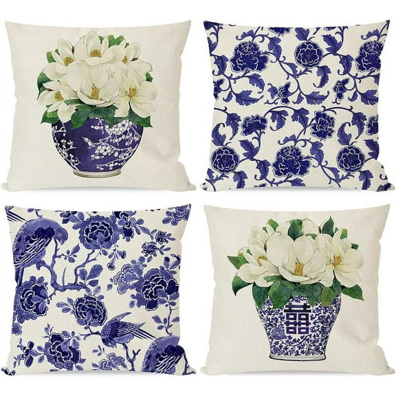 Chinoiserie Pillow Covers 18x18 Inch Blue and White Grand Millenial Outdoor Floral Vase Porcelain Decorations Decorative Throw Pillows Cases Cushion Covers Set of 4 for Home Room Couch Decor
