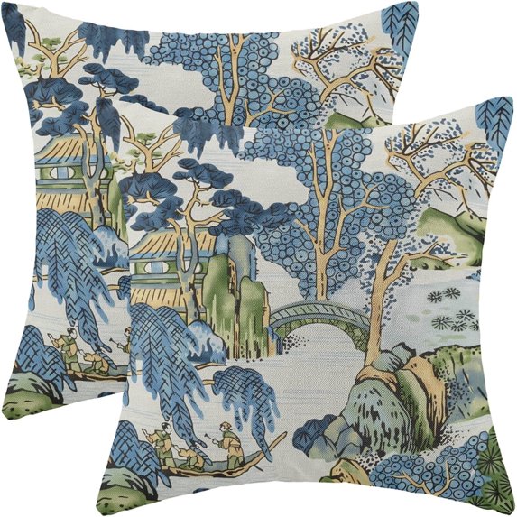 Chinoiserie Pillow Covers 18x18 Set of 2, Asian Vintage Blue Green Scenic Decorations Chinoiserie Decor Throw Pillow Covers Farmhouse Outdoor Decorative Linen Cushion Case for Couch Sofa Home