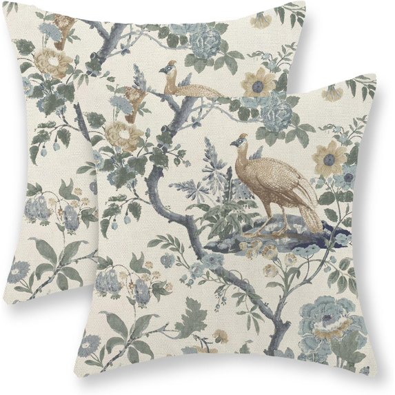 Chinoiserie Pillow Covers 18x18 Set of 2 Blue Bird Floral Throw Pillows Vintage Blue Green Flowers Decorations Outdoor Pillowcase Chinoiserie Decor Farmhouse Cushion Case for Couch Home