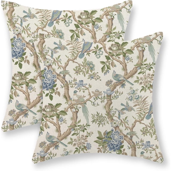 Chinoiserie Pillow Covers 18x18 Set of 2 Blue Green Bird Floral Throw Pillows Vintage Blue Flowers Decorations Outdoor Pillowcase Chinoiserie Decor Farmhouse Linen Cushion Case for Couch Home