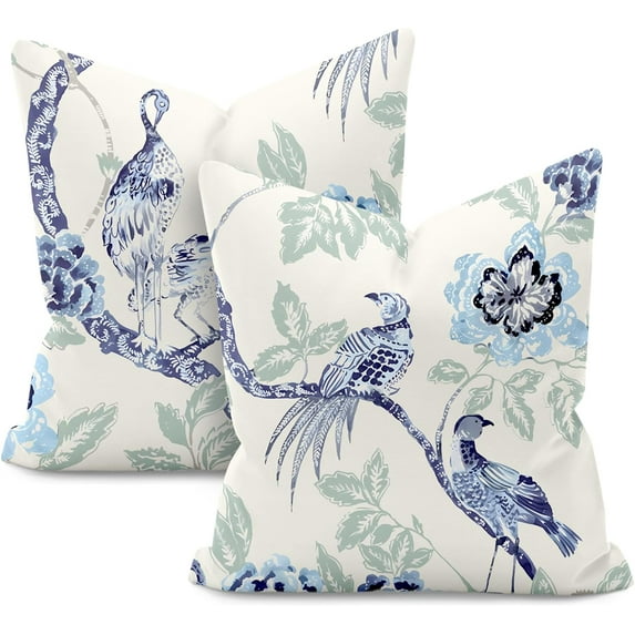 Chinoiserie Pillow Covers 18x18 Set of 2,Blue and White Pillow Covers Outdoor Decorative Linen Pillow Covers for Couch Bed Sofa Cushion Farmhouse Pillowcases