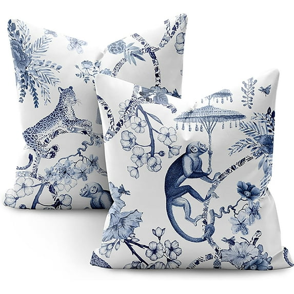 Chinoiserie Pillow Covers 18x18 Set of 2,Chinoiserie Flower and Animal Pillow Covers Outdoor Decorative Linen Pillow Covers for Couch Bed Sofa Cushion Farmhouse Pillowcases