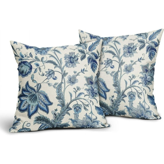 Chinoiserie Pillow Covers 20x20 Inch Pack of 2 Navy Blue White Floral Pillow Covers Vintage Farmhouse Flower Outdoor Pillowcase Square Linen Cushion Cover for Bedroom Sofa Couch Living Room Home Decor