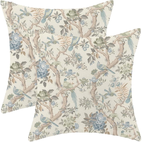 Chinoiserie Pillow Covers 20x20 Set of 2, Blue Green Birds Flowers Throw Pillow Covers Linen Vintage Farmhouse Chinoiserie Decor Cushion Case Chinoiserie Home Decor for Couch Sofa