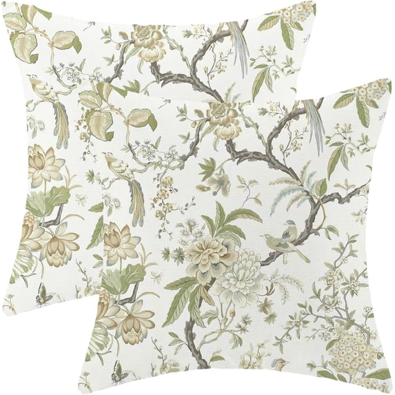 Chinoiserie Pillow Covers 20x20 Set of 2, Outdoor Olive Green Birds Flowers Throw Pillow Covers Linen Farmhouse Green Chinoiserie Decor Cushion Case Chinoiserie Home Decor for Couch Sofa