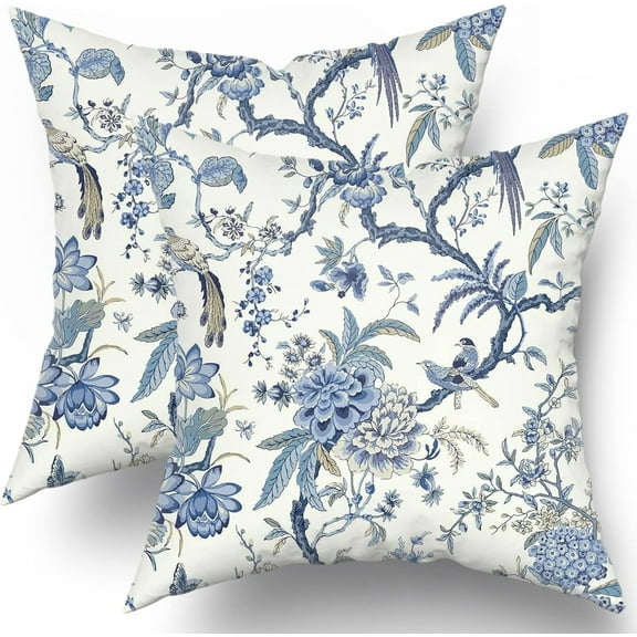 Chinoiserie Pillow Covers Set of 2 Blue and White Outdoor Pillows Bule Birds Flowers Throw 18x18 Inch Cotton Square Cushion Cover Decor for Bedroom Couch Bed Living Room Sofa Chair