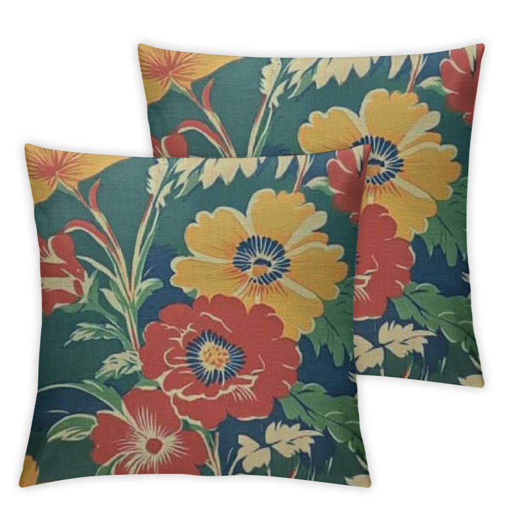 Chinoiserie Pillow Covers Set of 2 Green Coral Orange Peony Flower