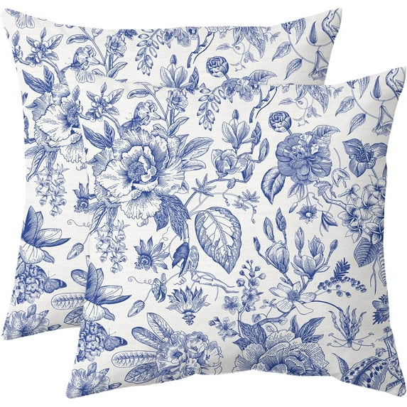 Chinoiserie Pillow Covers Set of 2 Outdoor Blue and White Porcelain Floral Decoration Cushion Cover Vintage Pillow Case for Bed Living Room Couch Home Decor, 18x18 Inches