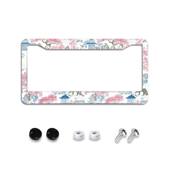 Chinoiserie Pink Blue Leopard and Pagodas License Plate Frames for Women Men Car Plate Holder Cover Metal Tag Aluminum Car Accessories Front Rear Plate Decor