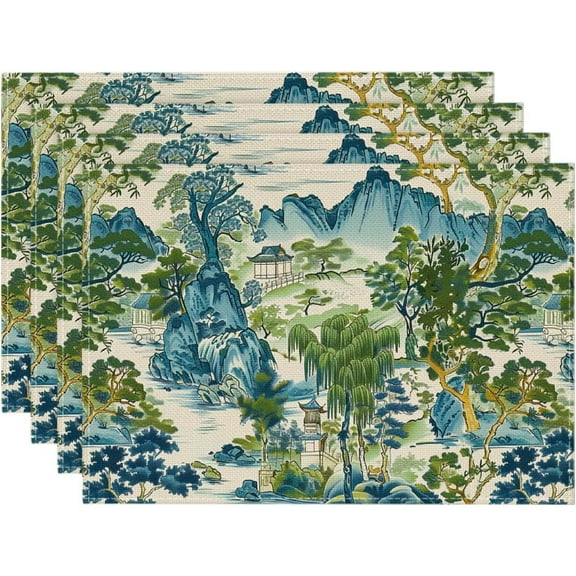 Chinoiserie Placemats 12 x 18 Inch Set of 4, Asian Scenic Blue and Kelly Green Decorative Place Mats Non-Slip Washable Farmhouse Table Mats for Kitchen Dining Home Party Indoor Outdoor Table