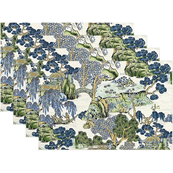 Chinoiserie Placemats 12 x 18 Inch Set of 4, Asian Scenic Blue and Kelly Green Decorative Place Mats Non-Slip Washable Farmhouse Table Mats for Kitchen Dining Home Party Indoor Outdoor Table