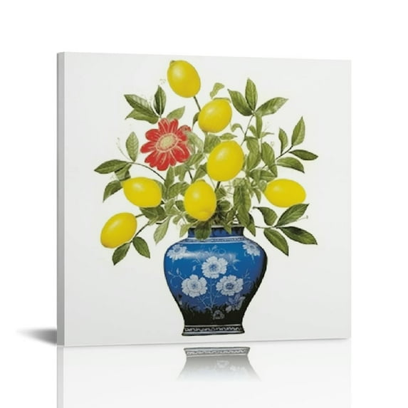 Chinoiserie Plant Wall Art Print, Chinese Blue White Porcelain Vase Canvas Framed Wall Art (16"x16"), Watercolor Flowers Botanical Plant Art Print for Bedroom Farmhouse Garden Decoration