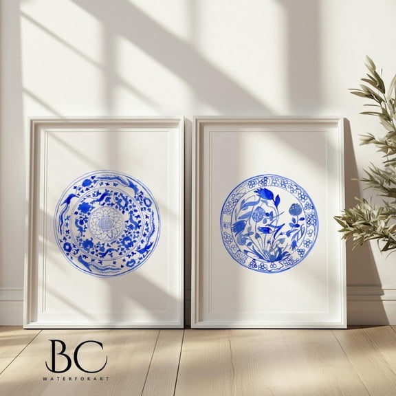 Chinoiserie Plates Art Prints Blue White Chinoiserie Porcelain Wall Decor Set 2 Stretched Canvas 16x24