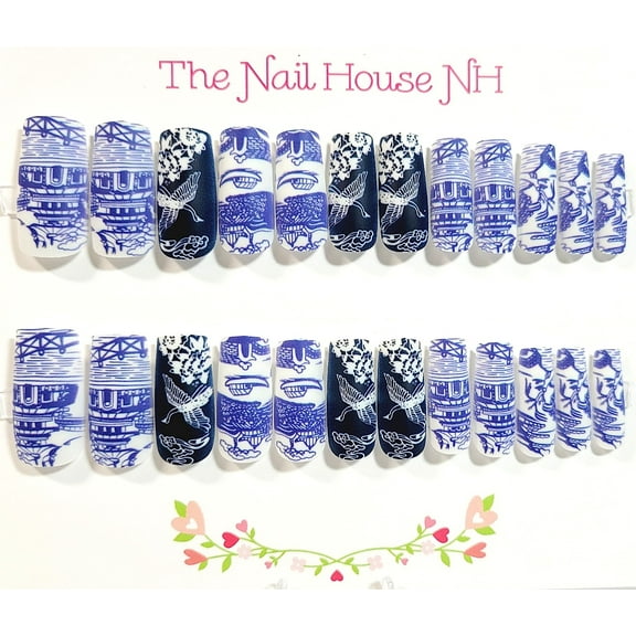 Chinoiserie Porcelain Matte Square Press On Nails - 24 Pieces - Artificial Nails