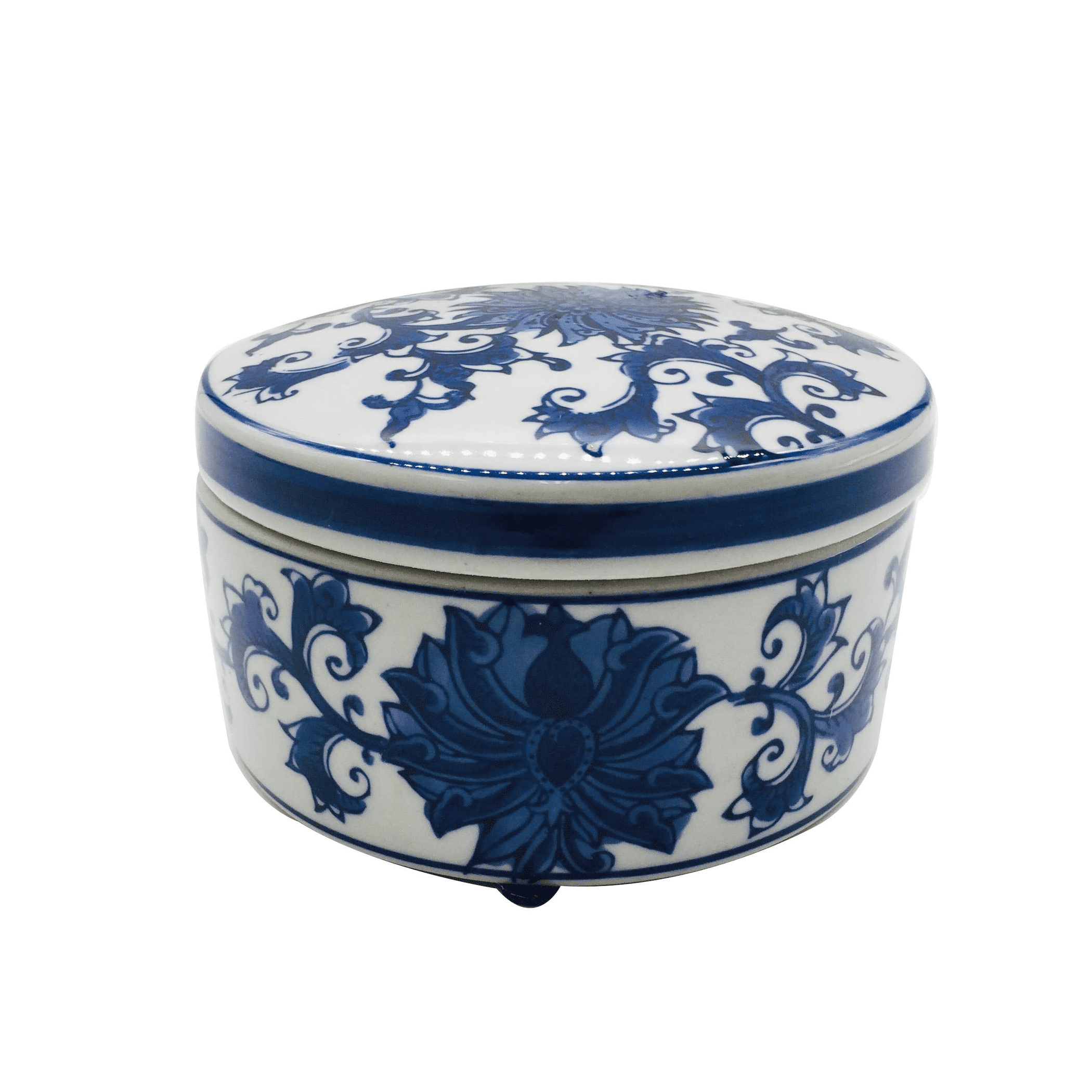 Hand-Painted Blue and White Ceramic Round Lidded Box