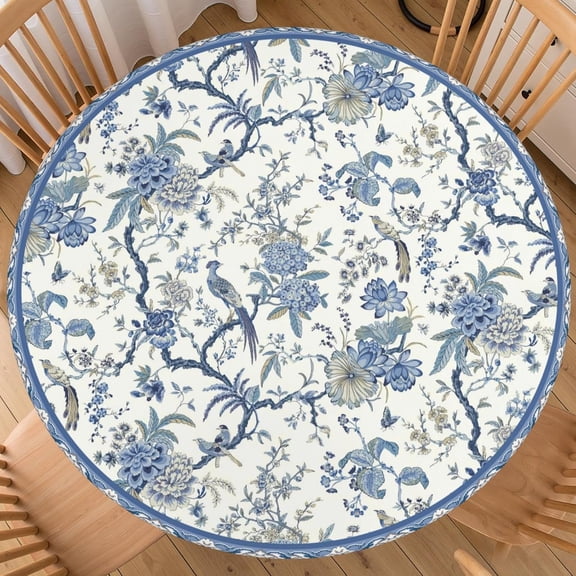 Chinoiserie Round Fitted Tablecloth with Elastic Edge Blue Floral Bird Outdoor Table Cover for 40"-44" Rustic Flower Stretch Table Cloth for Dining Room Party Picnic