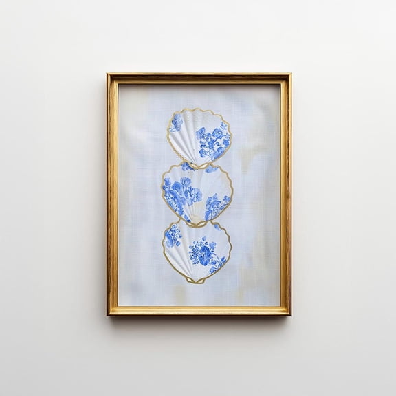 Chinoiserie Shell Print: Blue and White Coastal Art, Gold Trim Unframed Paper Print