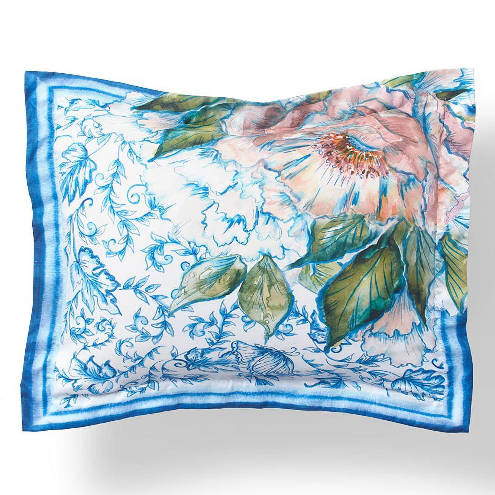 Chinoiserie Blue and Pink Floral Polyester Standard Sham