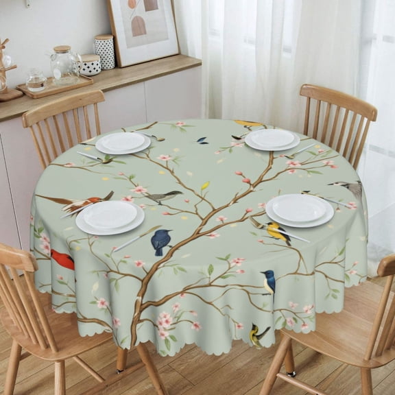 Chinoiserie Style Colorful Bird And Cherry Blossom Pattern On Sage Green Round Tablecloth Waterproof Oil-Proof Plastic Table Cloth Stain-Resistant Wipeable 60" for Camping, Dining, Indoor and Outdoor