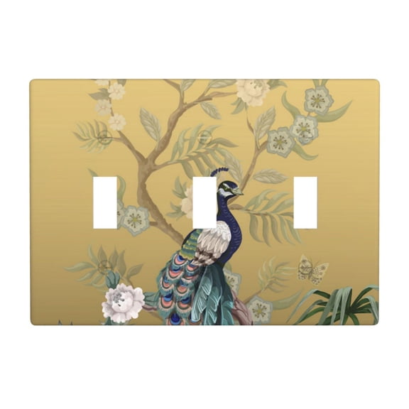 Chinoiserie Style Herons Peacock 3 Gang Light Switch Cover Decorative Triple Toggle Wall Plate for Kitchen Bedroom Bathroom Living Room Decor