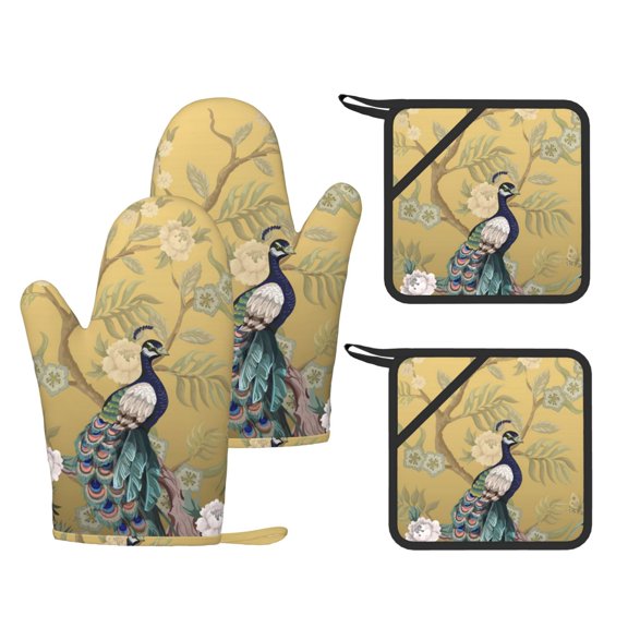 Chinoiserie Style Herons Peacock 4-Piece Silicone Oven Gloves and Pot Holders Set Hot Pads for Kitchen Cooking BBQ Baking Chefs Cooks