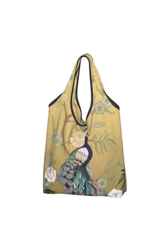 Chinoiserie Style Herons Peacock Reusable Grocery Bags Shopping Totes Foldable Washable Pouch Handbag Storage Bag