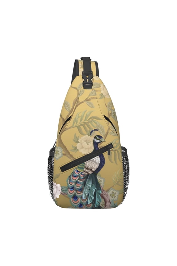 Chinoiserie Style Herons Peacock Sling Backpack Shoulder Chest Crossbody Bag Causal Travel Hiking Daypack