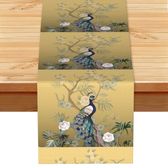 Chinoiserie Style Herons Peacock Table Runner 13x72 Inch for Dining Table Kitchen Wedding Party Decor Fireplace Mantle