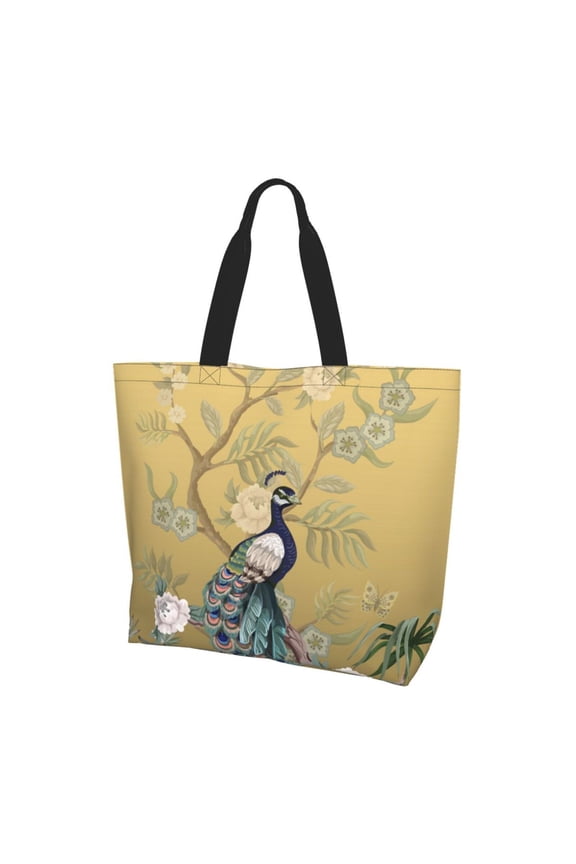 Chinoiserie Style Herons Peacock Women Reusable Bag Large Shoulder Handbag Top Handle Purse Tote