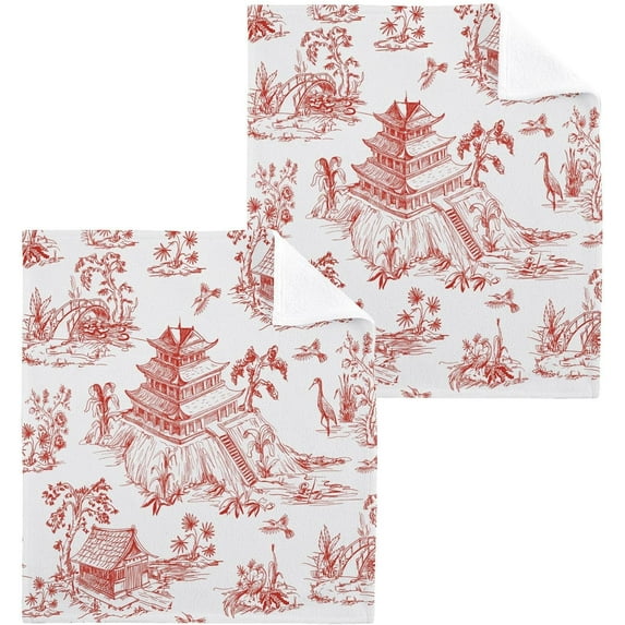 Chinoiserie Style Washcloth 12x12in Set, 2 Pack Absorbent Cotton Towel Square Kitchen Dishes Towels, Soft Cleaning Face Hand Towel Fast Drying