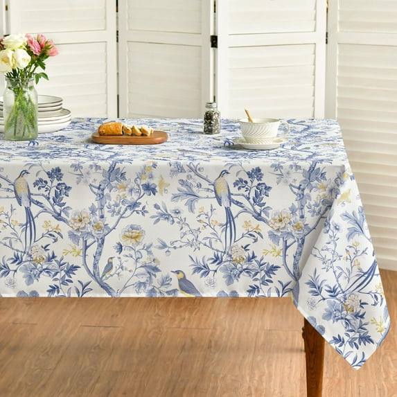 Chinoiserie Tablecloth 60x120 Inch Rectangular, Seasonal Modern Peacock Flower Pompon Fall Washable Seasonal Table Cover for Party Picnic Dinner Decor