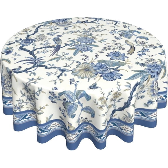 Chinoiserie Tablecloth Round 60Inch, Blue White Flowers Birds Table Cloth, Classic Porcelain Floral Oriental Style Table Cover Reusable Heat Resistant for Dining Kitchen Indoor Outdoor Decor
