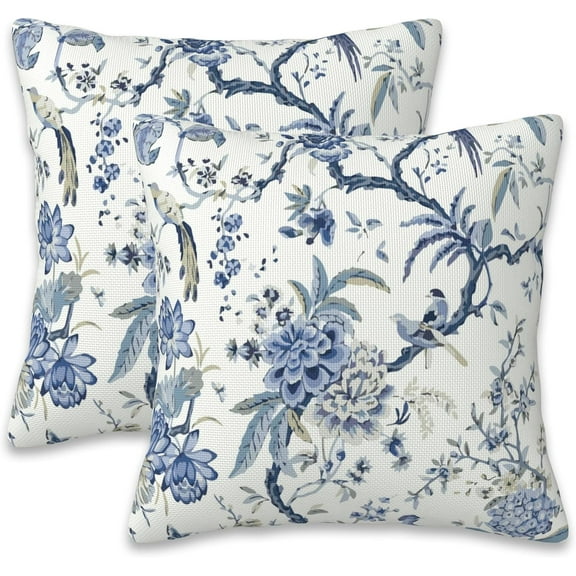 Chinoiserie Throw Pillow Cover Case Blue White Flowers Throw Pillows Set of 2 Super Soft Pillow Covers 18x18 Inches Farmhouse Home Decor for Living Room Bedroom Sofa Couch Cushion Cover