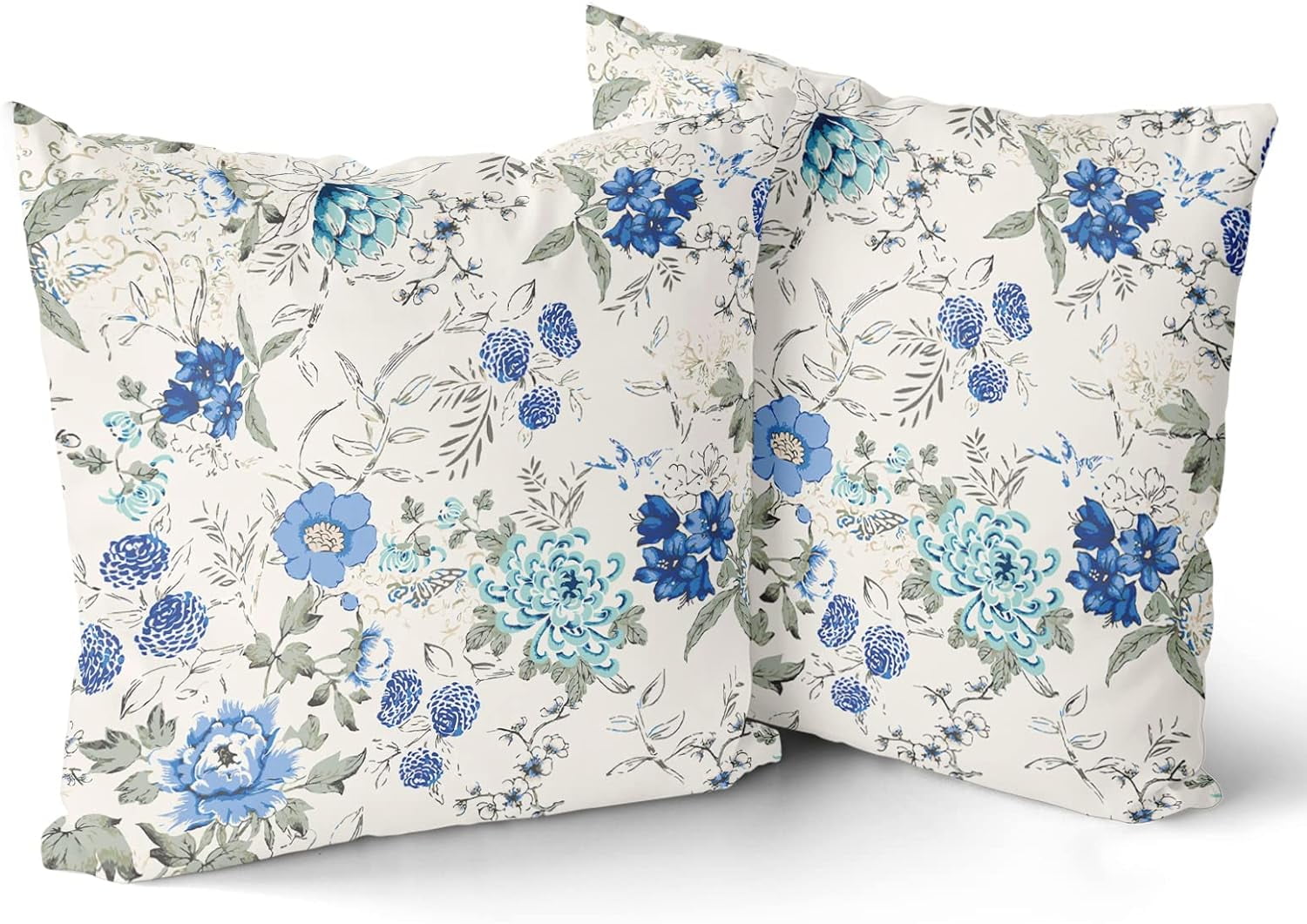 Chinoiserie Blue And White Pillow Covers 18x18 Set Of 2, Flower Floral Throw Pillow Covers Outdoor Decorative Pillow Case For Couch Bed Sofa Cushion Home Decor