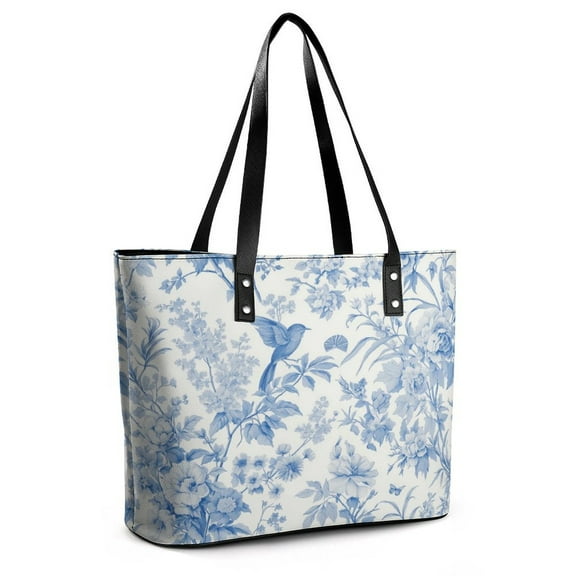 Chinoiserie Toile Blue Flowers And Birds Woman Leather Handbags Large Tote Bag Fashion Portable Handbags With Zipper