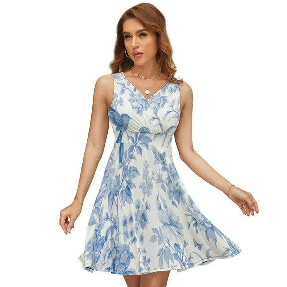 Chinoiserie Toile Blue Flowers And Birds Women's Tank Dress V Neck Sleeveless Summer Sundress