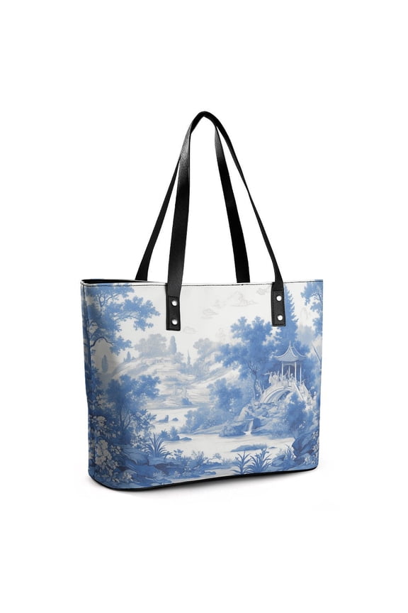 Chinoiserie Toile Blue Gazebo Woman Leather Handbags Large Tote Bag Fashion Portable Handbags With Zipper