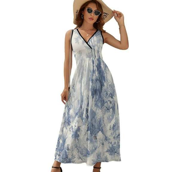 Chinoiserie Toile Blue Landscape Dress Fashion Boho Beach Long Dresses Female Party Printed Maxi Dress