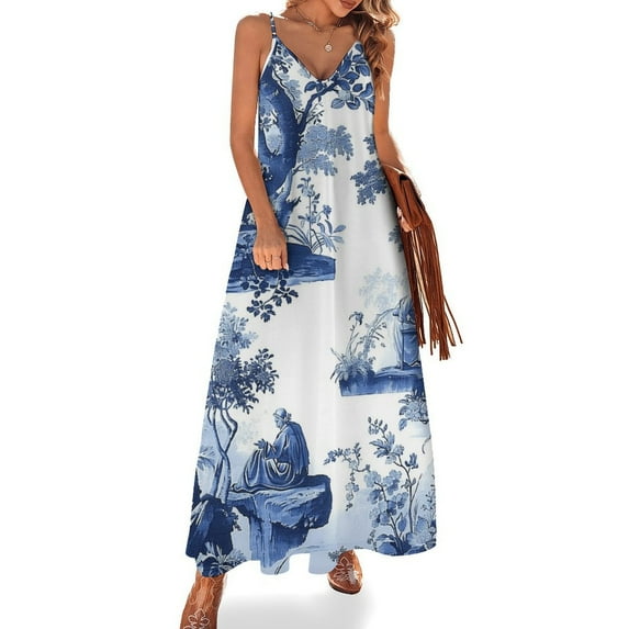 Chinoiserie Toile Blue Sleeveless Dress Loose Women's Dress Dresses Luxury Evening Dresses