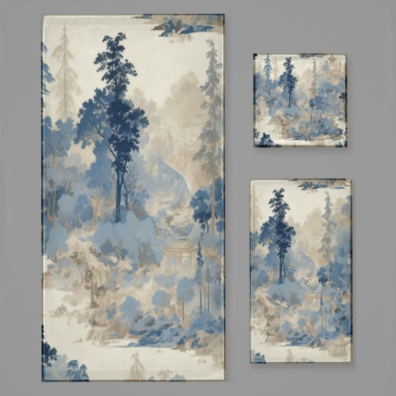 Chinoiserie Toile Blue Trees Vintage Bath Towel Sets For Bathroom Hand Towels Fingertip Towels 3 Piece Soft Absorbent For Bathroom Kitchen Hotel Beach