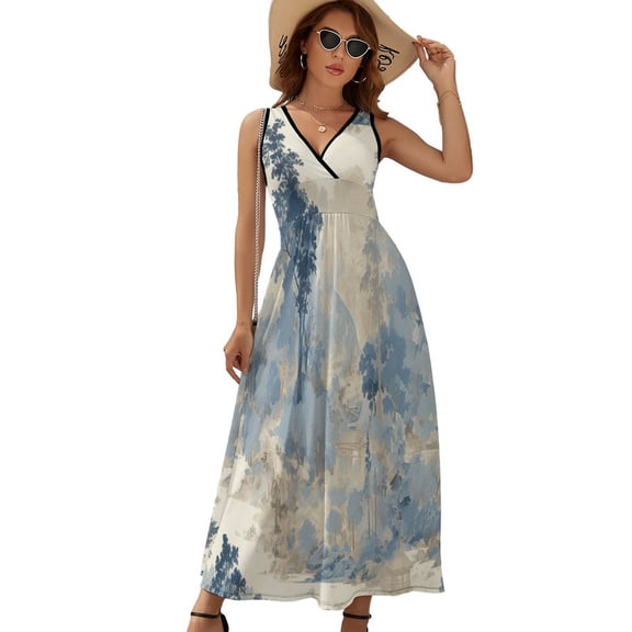 Chinoiserie Toile Blue Trees Vintage Dress Fashion Boho Beach Long Dresses Female Party Printed Maxi Dress