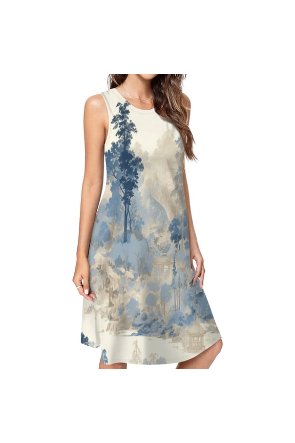 Chinoiserie Toile Blue Trees Vintage Spring Summer Dresses For Women Fashion Dress Casual Sleeveless Loose Sundress With Pockets
