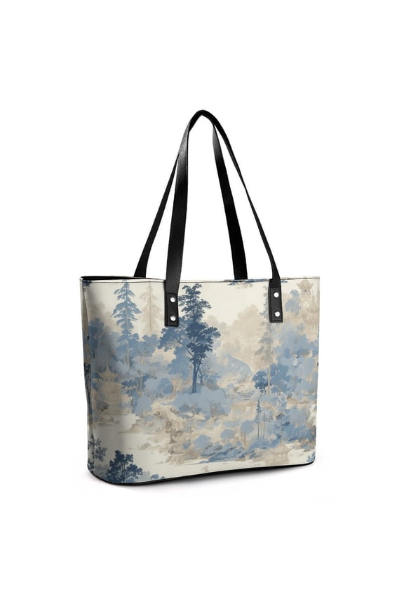 Chinoiserie Toile Blue Trees Vintage Woman Leather Handbags Large Tote Bag Fashion Portable Handbags With Zipper