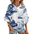 thumbnail image 1 of Chinoiserie Toile Blue Women's V-Neck Blouse With 3/4 Ruffled Bell Sleeves Casual Top Ladies Blouses, 1 of 7