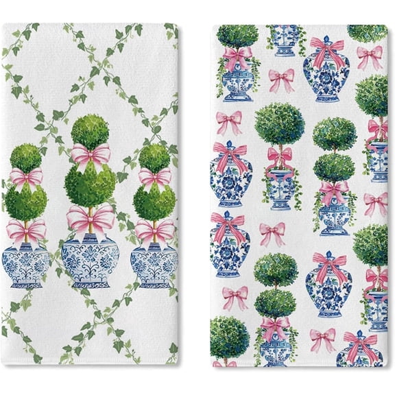 Chinoiserie Topiary Kitchen Towels Set of 2, Blue White Ginger Jar Pink Bow Ivy Vine Print Decorative Absorbent Dish Hand Tea Towels for Preppy Classic Farmhouse Kitchen Decor 18X26in